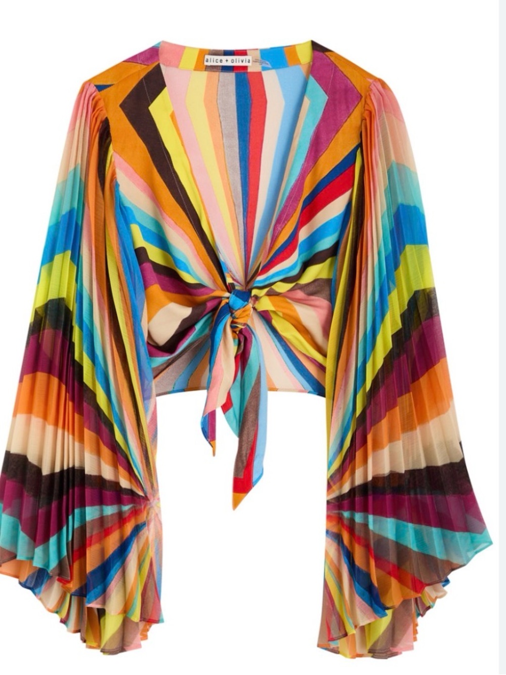 Alice + Olivia Multicolor Striped Tie-Front Top with Pleated Bell Sleeves